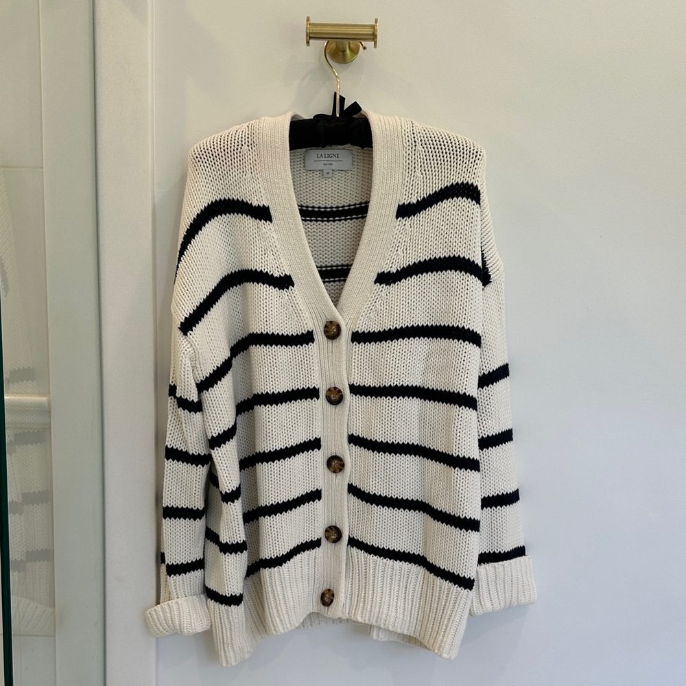 La Ligne Ivory and Navy Striped Cotton Marina Cardigan